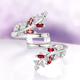 Red Garnet Leaf Ring Guard in 14K White Gold