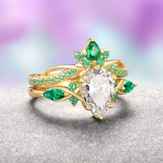 Feyra Lab-Grown Diamond & Emerald Ring Set- 14K Solid Yellow Gold (IGI Certified)