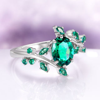 Oval Cut Emerald Leaf Couples Ring Set