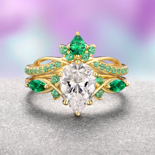 Feyra Emerald & Moissanite Engagement Ring Set- 14K Solid Yellow Gold