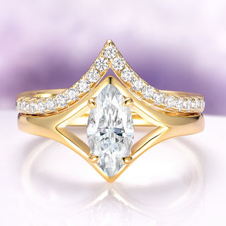 Marquise Cut Moissanite Engagement Ring Set in 14K Solid Yellow Gold