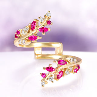 Ruby and Diamond Leaf Ring Guard in 14K Solid Yellow Gold