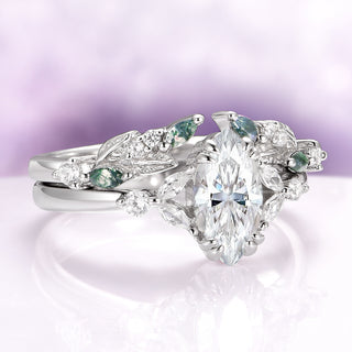 Marquise Cut Lab-Grown Diamond & Moss Agate Engagement Ring Set in 14K White Gold (IGI Certified)