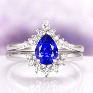 Lunette Teardrop Blue Sapphire Engagement Ring Set in 14K White Gold