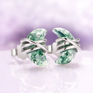 Crescent Moon Green Moss Agate Wire Stud Earrings in Sterling Silver