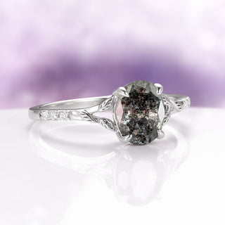 Galaxy Natural Herkimer Diamond & Black Moissanite Leaf Engagement Ring Set in 14K White Gold
