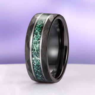 Green Moss Agate Hammered Wedding Band in Two Tone Black/Silver Tungsten Carbide (8mm)