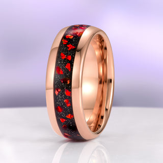 Crushed Galaxy Red Fire Opal Wedding Band in Rose Gold Tungsten Carbide (8mm)