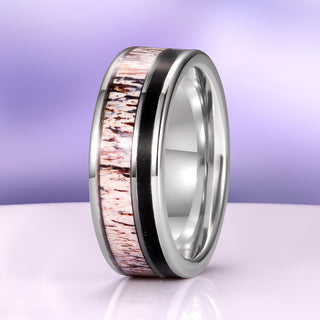 Elk Antler & Black Obsidian Tungsten Carbide Wedding Band (8mm)