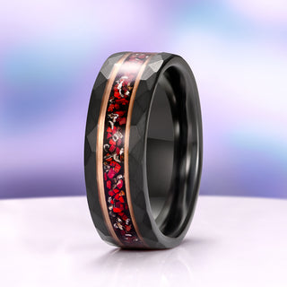 Dinosaur Bone & Meteorite Hammered Wedding Band in Black/Rose Gold Tungsten Carbide (8mm)