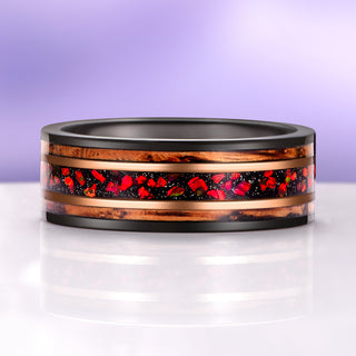 Red Fire Opal & Whiskey Barrel Wedding Band in Black/Rose Gold Tungsten Carbide (8mm)