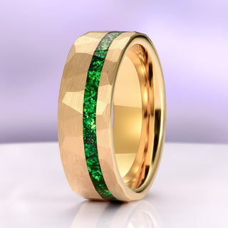 Crushed Emerald Hammered Wedding Band in Gold Tungsten Carbide (8mm)