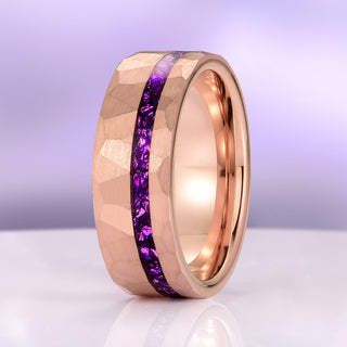 Crushed Amethyst Hammered Wedding Band in Rose Gold Tungsten Carbide (8mm)