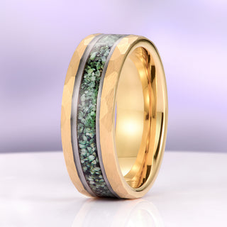 Crushed Green Moss Agate Hammered Wedding Band in Gold Tungsten Carbide (8mm)