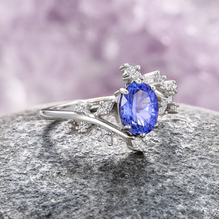 Fireworks Cut Sapphire Leaf Engagement Ring in 14K White Gold