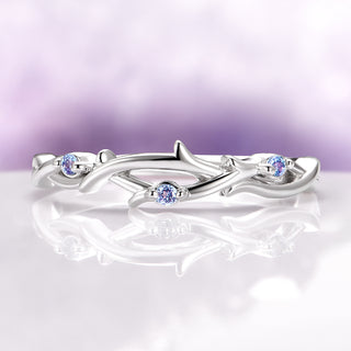 Whimsical Alexandrite Leaf Twig Wedding Band in 14K White Gold