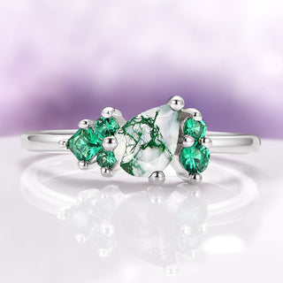 Moss Agate & Emerald Cluster Ring in Sterling Silver