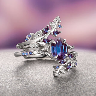 Alexandrite Leaf Engagement Ring Set- 14K White Gold (Two Piece)