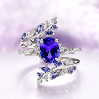 Cornflower Sapphire Fairy Leaf Ring Set- 14K White Gold (Two Piece)