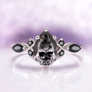 Feyra Gray Moissanite and Black Onyx Engagement Ring- 14K White Gold