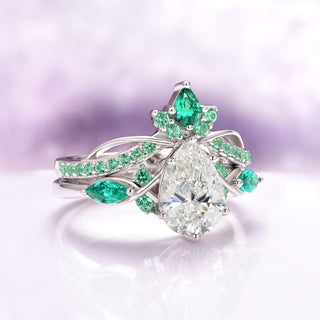 Feyra Emerald and Moissanite Engagement Ring Set- 14K White Gold