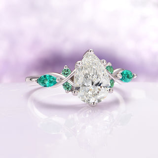 Feyra Emerald and Moissanite Engagement Ring Set- 14K White Gold