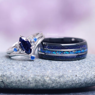 Starry Night, Meteorite & Blue Fire Opal Couples Ring Set