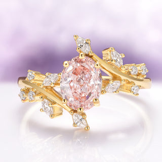 Pink Lab-Grown Diamond Fairy Leaf Engagement Ring in 14K Solid Yellow Gold (IGI Certified)