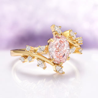 Pink Lab-Grown Diamond Fairy Leaf Engagement Ring in 14K Solid Yellow Gold (IGI Certified)