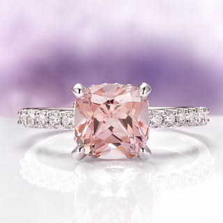 Hidden Halo Cushion Cut Morganite Engagement Ring in 14K White Gold