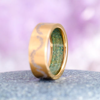 Green Moss Agate Leaf Wedding Band  in Yellow Gold Titanium (8mm)