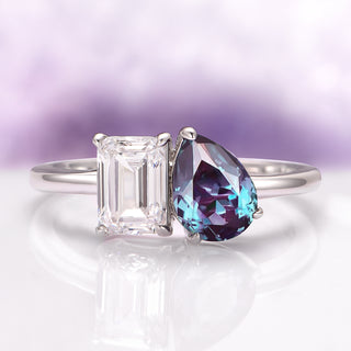 Toi Et Moi Alexandrite and Diamond Engagement Ring in 925 Sterling Silver