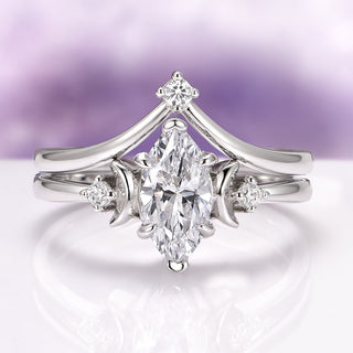 Moissanite Crescent Moon Ring Set in Sterling Silver