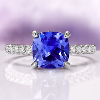 Cushion Cut Natural Tanzanite Engagement Ring in 14K White Gold (Hidden Halo)