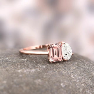 Toi Et Moi Morganite and Moissanite Ring- 14K Solid Rose Gold