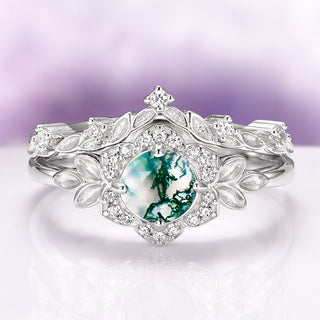 Moss Agate Fairy Leaf Ring Set in 14K White Gold