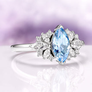 Adeline Marquise Cut Flower Aquamarine Engagement Ring in 14K White Gold