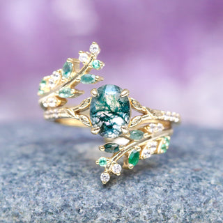 Green Moss Agate & Emerald Leaf Engagement Ring Set in 14K Solid Yellow Gold