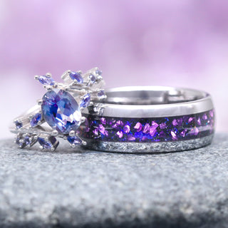 Galaxy Alexandrite Leaf Couples Ring Set