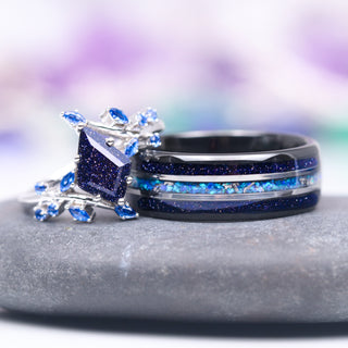 Starry Night and Fire Opal Leaf Couples Ring Set