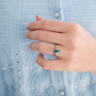 Midnight Blue Moissanite Crescent Moon Engagement Ring Set in Sterling Silver