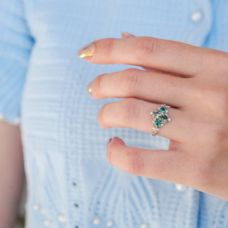 Elain Moss Agate & Teal Sapphire Leaf Ring- 14K White Gold