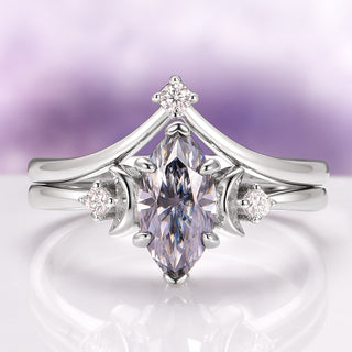 Gray Moissanite Crescent Moon Engagement Ring Set in Sterling Silver