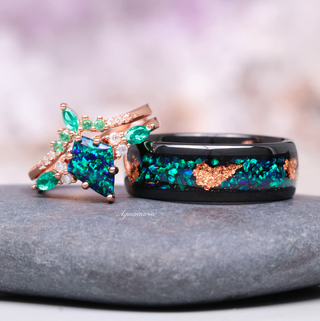 Skye Kite®  Peacock Fire Opal & Emerald Couples Ring Set