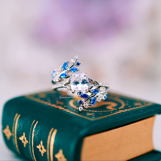 Lab-Grown Diamond & Blue Sapphire Leaf Engagement Ring Set in 14K White Gold (IGI Certified)