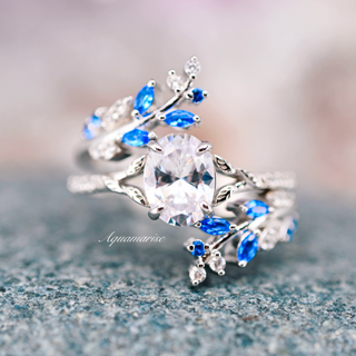 Lab-Grown Diamond & Blue Sapphire Leaf Engagement Ring Set in 14K White Gold (IGI Certified)