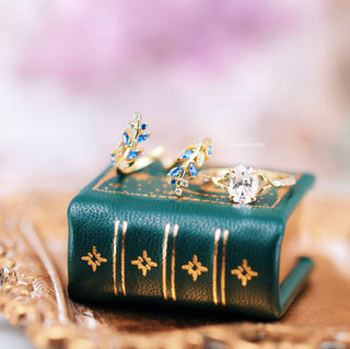 Lab-Grown Diamond & Sapphire Leaf Engagement Ring Set in 14K Solid Yellow Gold (IGI Certified)