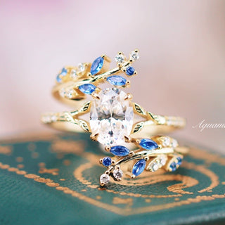 Lab-Grown Diamond & Sapphire Leaf Engagement Ring Set in 14K Solid Yellow Gold (IGI Certified)