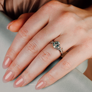 Natural Green Moss Agate Leaf Engagement Ring in 14K White Gold