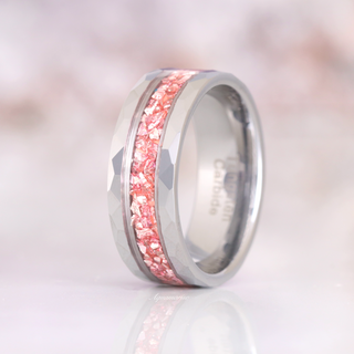 Crushed Morganite Hammered Wedding Band in Tungsten Carbide (8mm)